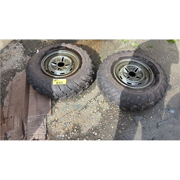 SET OF 2 MAXIS M911Y AT25X8-12 TIRES MOUNTED ON 4 BOLT METAL RIMS