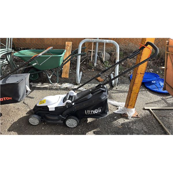 LITHELL 20V CORDLESS LAWN MOWER WITH REAR BAG (NO BATTERIES, NO CHARGER, UNKNOWN WORKING CONDITION)
