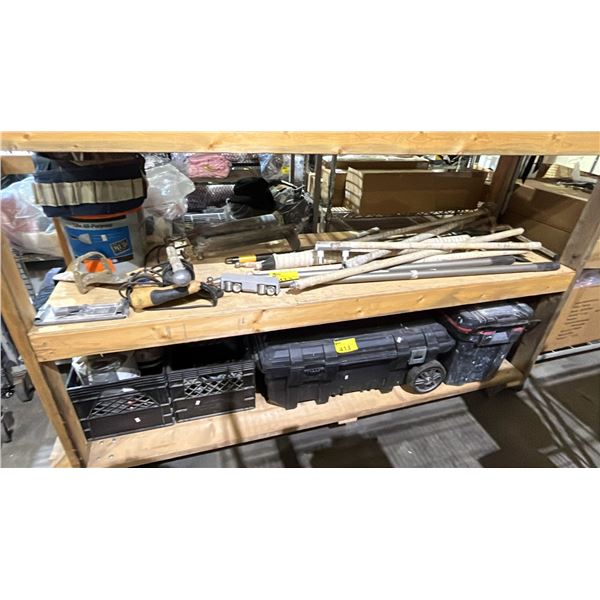 SHELF OF DRYWALL FINISHING TOOLS, ELECTRIC DRILLS, ALL-PURPOSE READY MIXED JOINT COMPOUNT & MORE