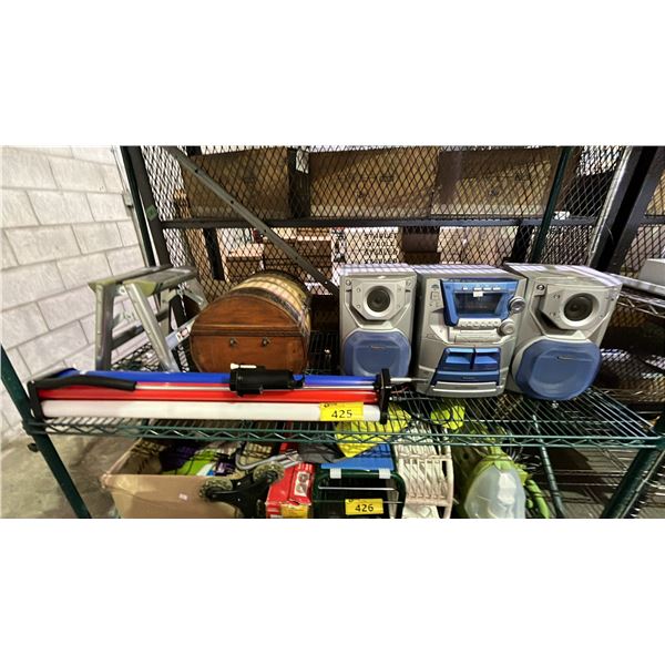 SMALL WOOD TRUNK, SMALL STEP STOOL, PANASONIC SA-AK22 STEREO/CD CHANGER & MORE