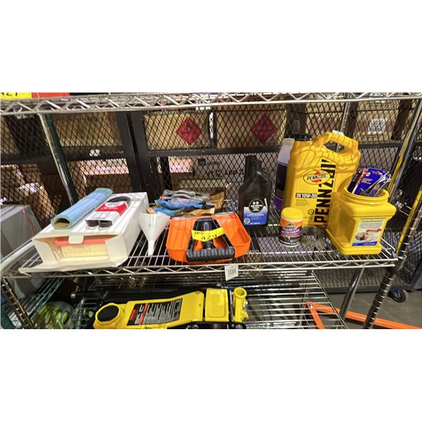 SHELF OF ASSORTED MOTOR OIL, PORTABLE SNOW PUSHER, ZEYRAHN CABIN & ENGINE FILTER & MORE