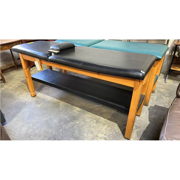 WOODEN EXAMINATION TABLE WITH ADJUSTABLE HEAD/BACK SECTION