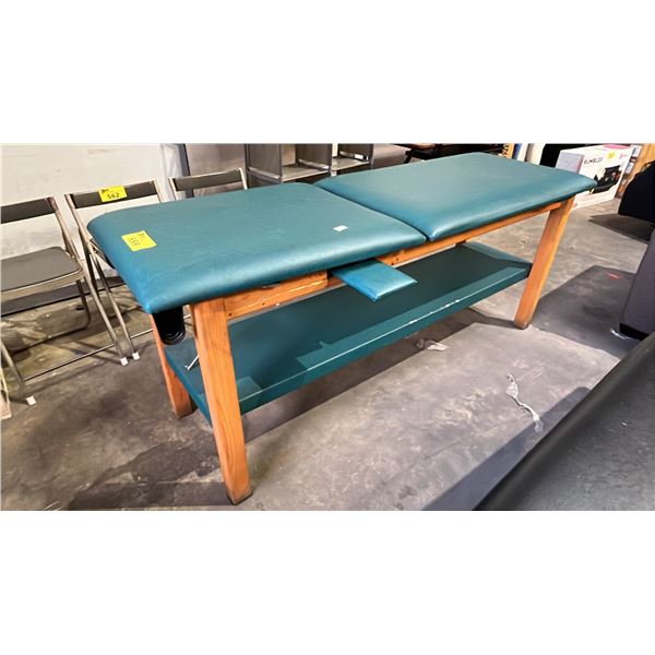 WOODEN EXAMINATION TABLE WITH ADJUSTABLE HEAD/BACK SECTION