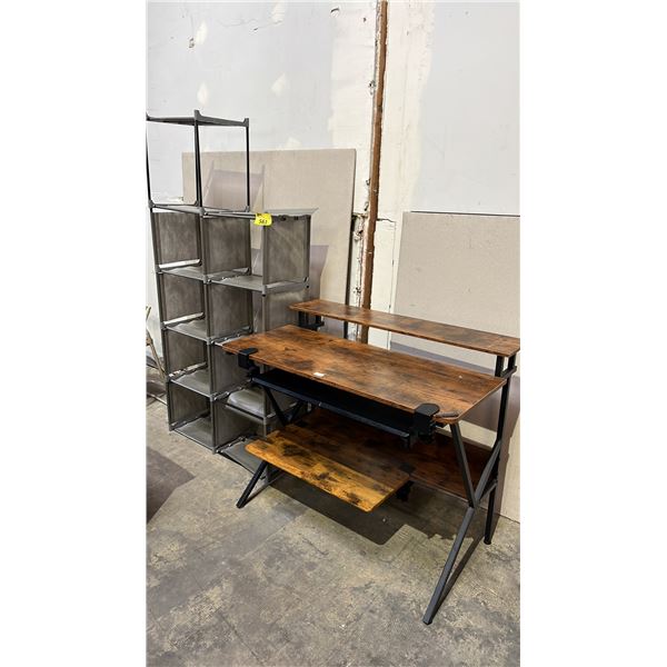 SILVER-GREY METAL LIGHTWEIGHT MULTI-TIER STORAGE RACK AND WOODEN COMPUTER DESK WITH METAL FRAME