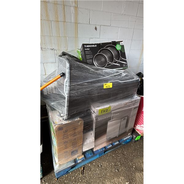 PALLET OF ASSORTED ITEMS INCLUDING RECYCLE AND TRASH DUAL CAN, HENCKELS PARADIGM PAN SET,