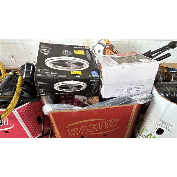 PALLET OF ASSORTED ITEMS INCLUDING ARTIKA EDWIN LED CEILING FAN, GOURMIA AIR FRYER, TRAMONTINA
