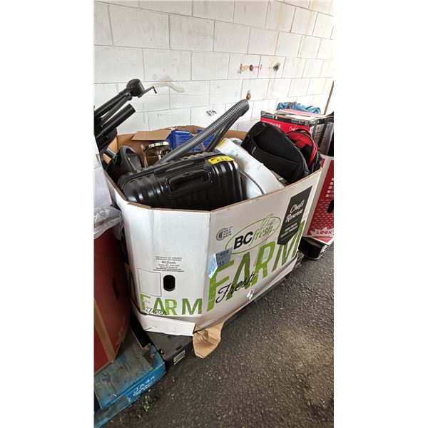 PALLET OF ASSORTED ITEMS INCLUDING; AIR CONDITIONER, BACKPACKS, LUGGAGE & MORE