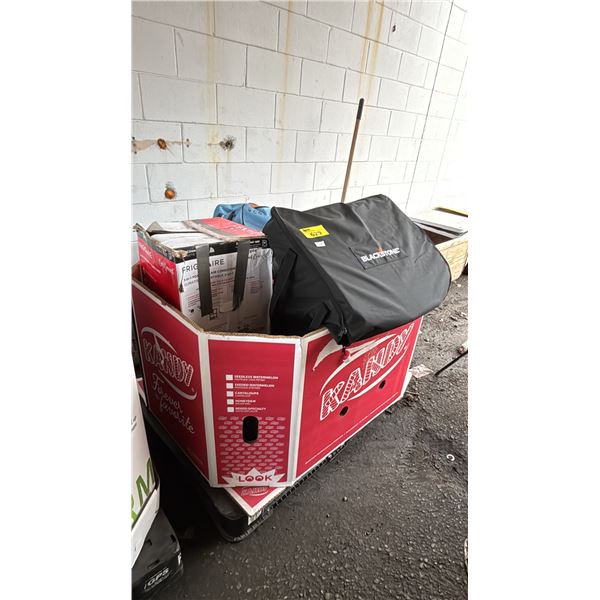 PALLET OF ASSORTED ITEMS INCLUDING; BLACKSTONE PORTABLE TABLE TOP GRILL, FRIGIDAIRE AIR CONDITIONER,