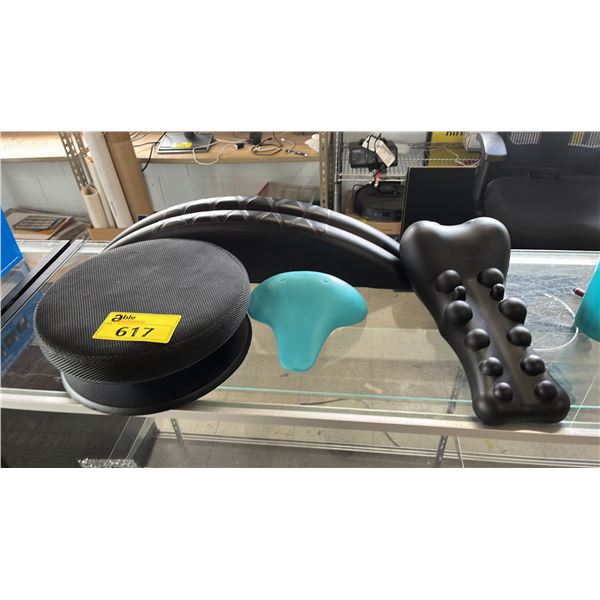 ASSORTED FITNESS TRAINING ITEMS INCLUDING BALANCE/DISK TRAINER, BACK BONE MASSAGER AND MORE