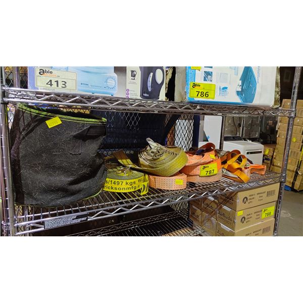 SHELF OF ASSORTED RATCHET TIE-DOWN STRAPS