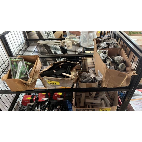 SHELF OF ASSORTED ITEMS INCLUDING; PAINT BRUSHES, LED WANDS, PAINT ROLLERS & MORE