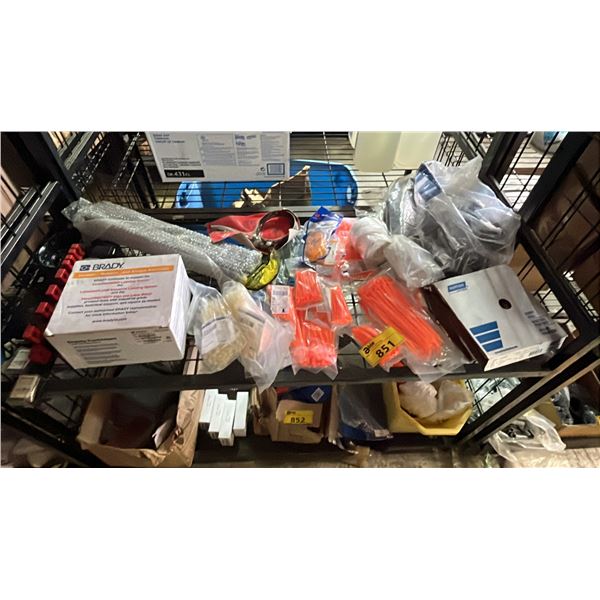 SHELF OF ASSORTED ITEMS INCLUDING; WESTWARD TOOL HOLDERS, ORANGE ZIP TIES, NORTON HANDY ROLLS & MORE