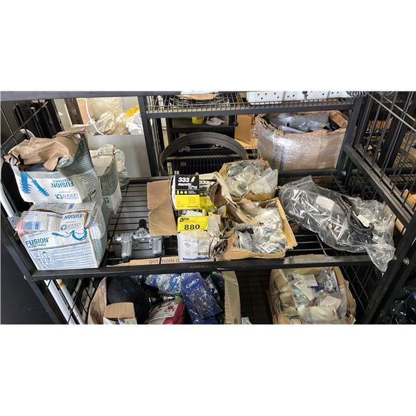 SHELF OF ASSORTED ITEMS INCLUDING; FLAT-END 3-PRONG CORD ENDS, SOCKET BITS, ELECTRICAL TWIST CAPS