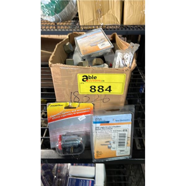 BOX OF ASSORTED ITREMS INCLUDING; AMP LIGHT-N-LOK 2-POSITION BALLAST DISCONNECTORS, CIGARETTE