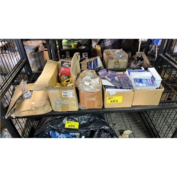 SHELF OF ASSORTED ITEMS INCLUDING; MASTER LOCKS, 1/2" VALVES, DRILL BITS & MORE