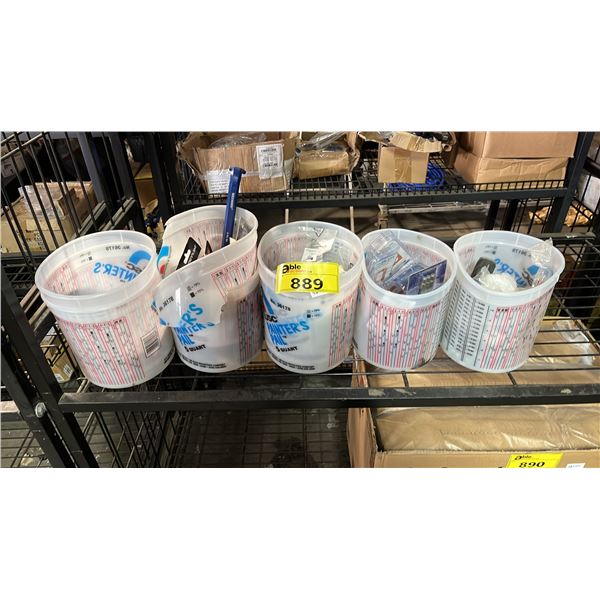 5 BUCKETS OF ASSORTED ITEMS INCLUDING; ROSIN CORE, AAAA BATTERIES, ROUTER BITS & MORE