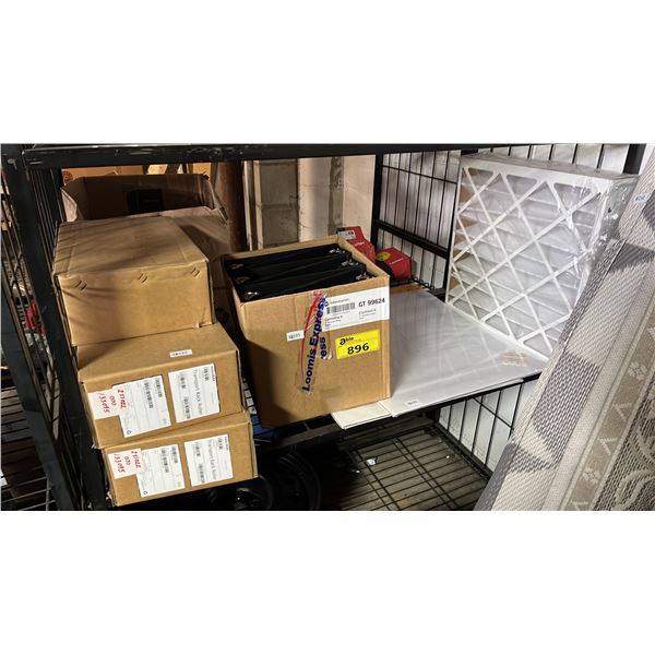 SHELF OF ASSORTED ITEMS INCLUDING; 3-RING BINDERS, FURNACE FILTERS, SELF STICK WALL PADS &