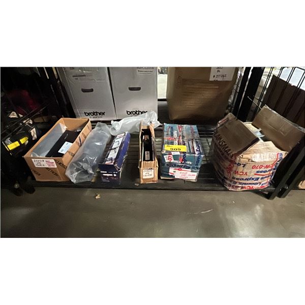 SHELF OF ASSORTED ITEMS INCLUDING; FIXED POWER DOOR CLOSER, METAL SHELVES, BRAKE CALIPERS & MORE
