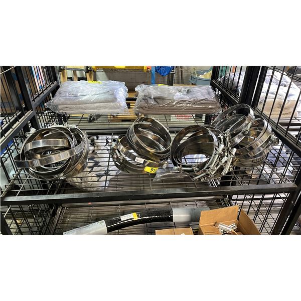 SHELF OF ASSORTED SIZE PIPE CLAMPS