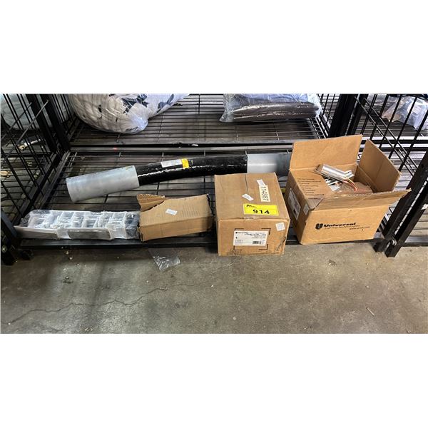 SHELF OF ASSORTED ITEMS INCLUDING; HIGH PRESSURE SODIUM MAGNETIC BALLASTS, CROSSBAR MOUNT BRACKETS &