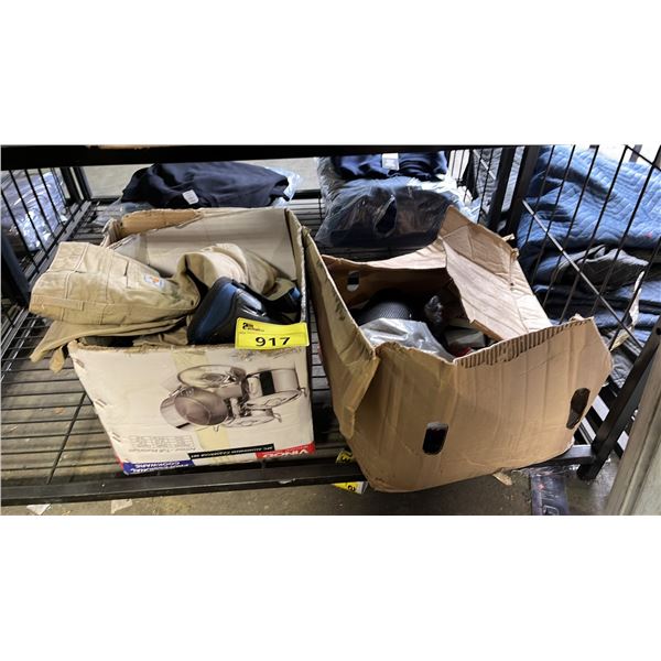 BOX OF ASSORTED ITEMS INCLUDING; CARHARTT PANTS, KNEE PADS & MORE & BOX OF ASSORTED TOOLS & BITS