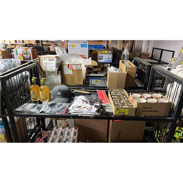 SHELF OF ASSORTED ITEMS INCLUDING; SHOT GLASSES, HAND SOAP, MELIN BALLCAP & MORE