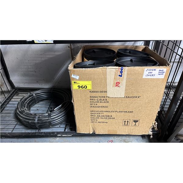 BOX OF PLANTER SAUCERS & PLASTIC CONDUIT