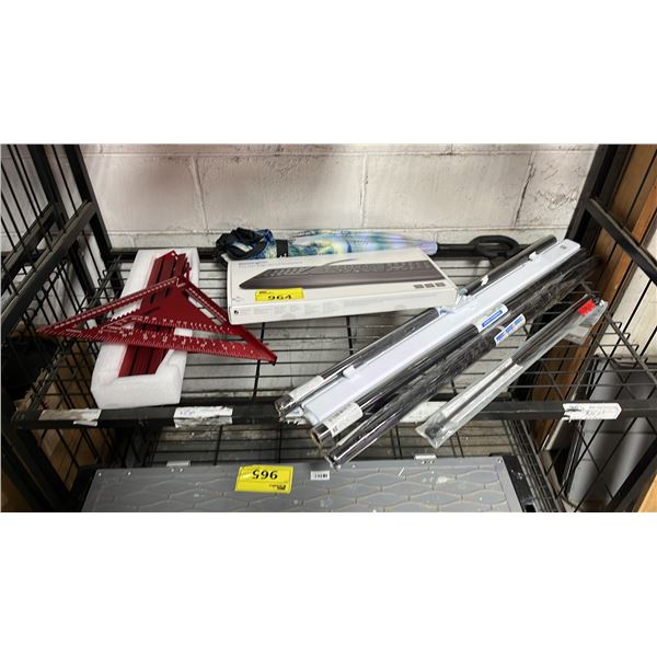 SHELF OF ASSORTED ITEMS INCLUDING; METAL MEASURING SQUARE, WINDOW FILM, KENSINGTON PRO FIT ERGO