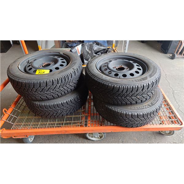 SET OF 4 GOODYEAR ULTRA GR/P WINTER 205/55R16 94T TIRES MOUNTED ON 5 BOLT METAL RIMS