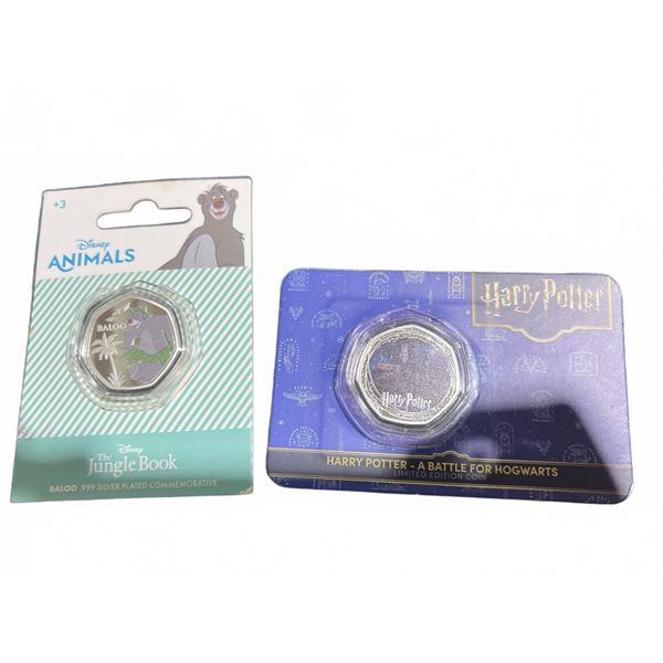 2 Silver Plated Commemorative Coins: Disney Jungle Book & Harry Potter