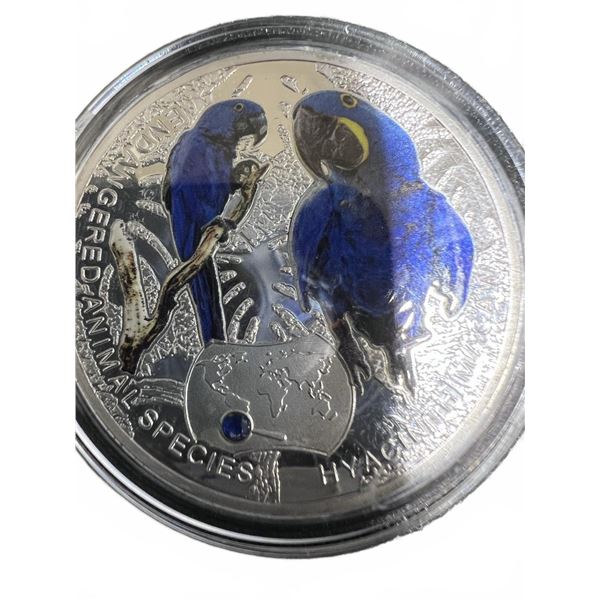 2014 Zambia 1000 Kwacha Hyacinth Macaw Silver Proof Coin with Swarovski Crystal