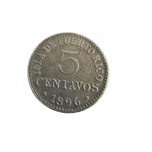 1896 Puerto Rico 5 Centavos Coin, Spanish Administration