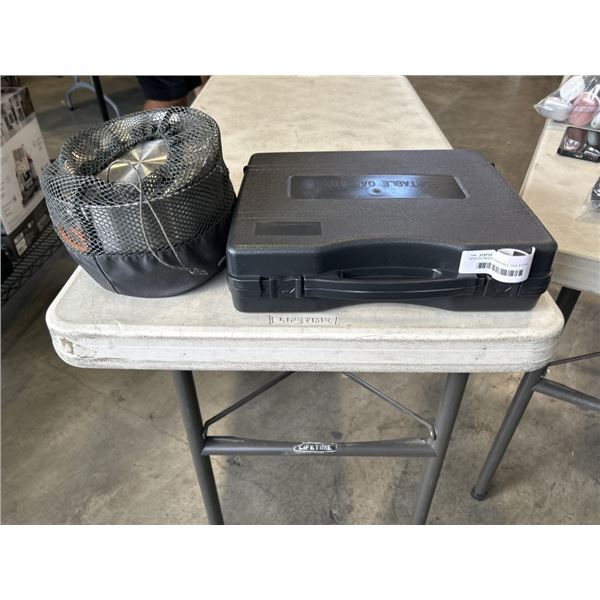 NEW OUTBOUND PORTABLE GAS STOVE. MODEL 076-5616 AND VERY BEAT UP CAMPING POT SET