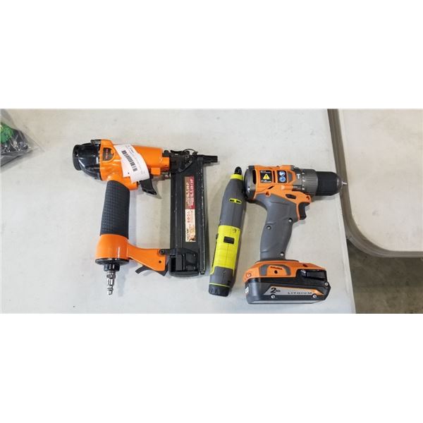 RIDGID HAMMER DRILL WITH BATTERY AND VALU-AIR AIR POWERED NAILER AND RYOBI ROTARY TOOL