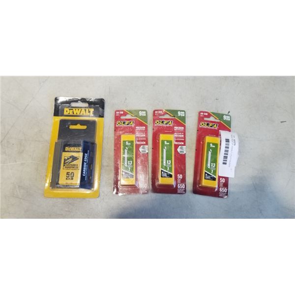 NEW PACK OF DEWALT UTILITY BLADES AND 3 NEW PACKS OF OLFA 9MM BLADES