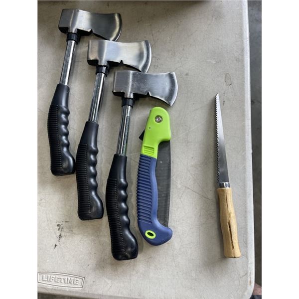 3 HATCHETS AND 2 HAND SAWS