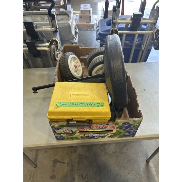 12V COMPRESSOR AND ASSORTED DOLLY / WHEELBARRELL TIRES
