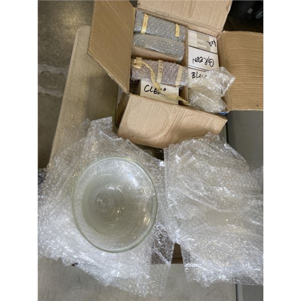 CASE OF FOG MACHINE GLASS TUBES AND NEW GLASS SERVING BOWLS