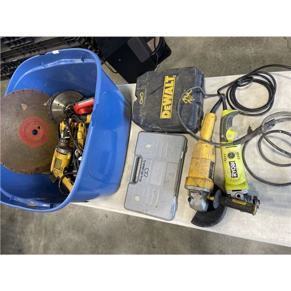 TOTE OF POWER TOOLS, DEWALT LASER LEVEL UNTESTED, GRINDERS ETC