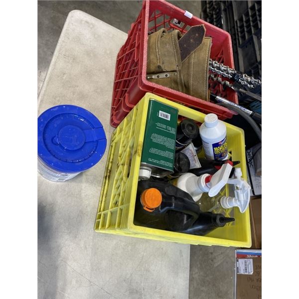 2 CRATES OF AUTOMOTIVE FLUIDS AND CLENAERS, TIGER TORCH, LONG DRILL BITS ETC