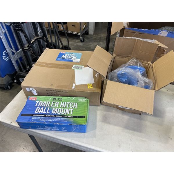 BETTER BOAT SLIP RING ANCHOR, TRAILER HITCH BALL MOUNT AND BLUE-COATED TRIFLUKE RIVER ANCHOR