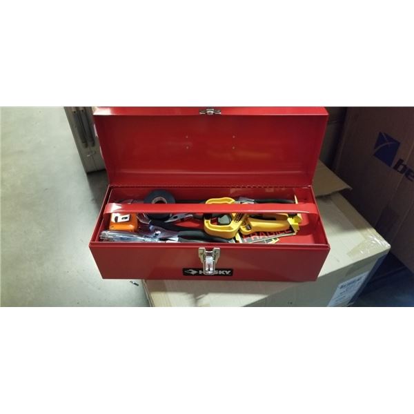 AS NEW TOOL BOX WITH ASSORTED HAND TOOLS, ALL LIKE NEW OR LIGHTLY USED