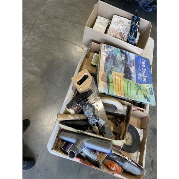 3 TRAYS OF VARIOUS TOOLS, SPRINKLERS, HOSES, ETC