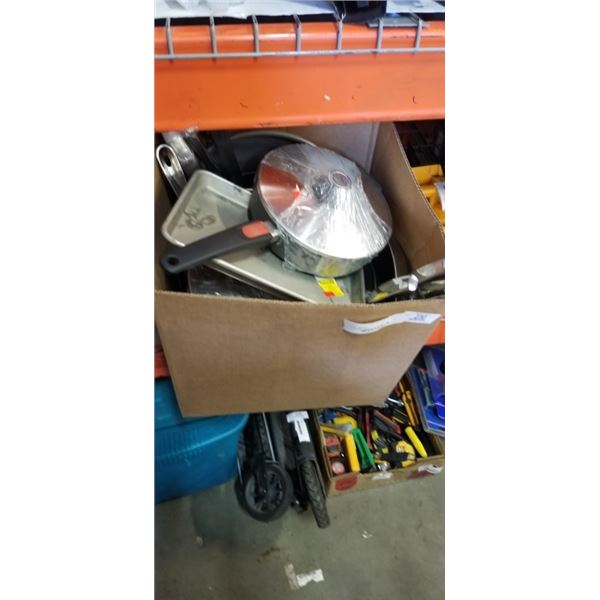 BOX OF VARIOUS COOKWARE