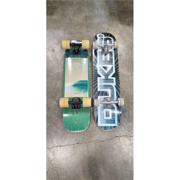 2 SKATEBOARDS. 1 FROM LAND YACHTZ, 1 FROM DUKES, AND A BANANA BOARD