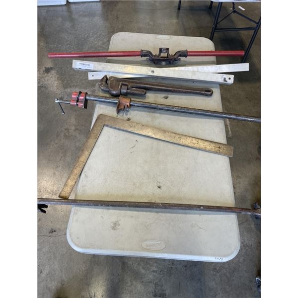 22" WRENCH, CLAMPS, SQAURES, AND PRY BAR