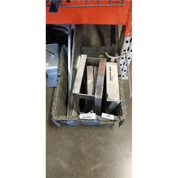 BIN OF AULUMINUM SHELVES AND WORK PLATFORM