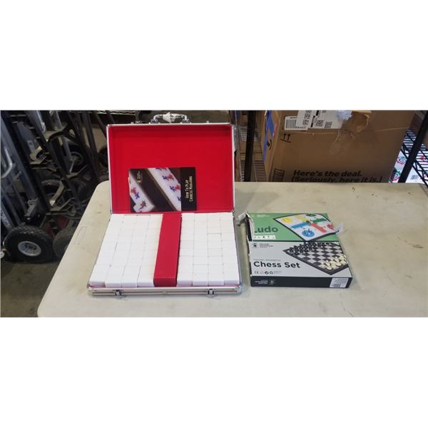 YELLOW MOUNTAIN CHINESE MAHJONG SET IN HARD CASE, AND LUDO MAGNETIC FOLDING SET, AND MAGETIC TRAVEL 