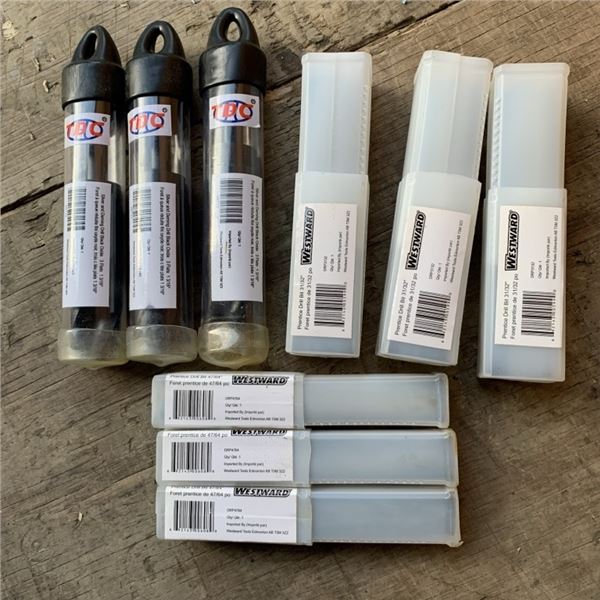 9 NEW DRILL BITS 3 OF EACH: TDC SILVER & DEMING BLACK OXIDE FINISH 1-3/16" 3-FLATS, WESTWARD 47/64" 