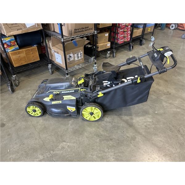 RYOBI 40V 20 INCH BRUSHLESS LAWNMOWER WITH CHARGER, ONE BATTERY 6AH, WORKING